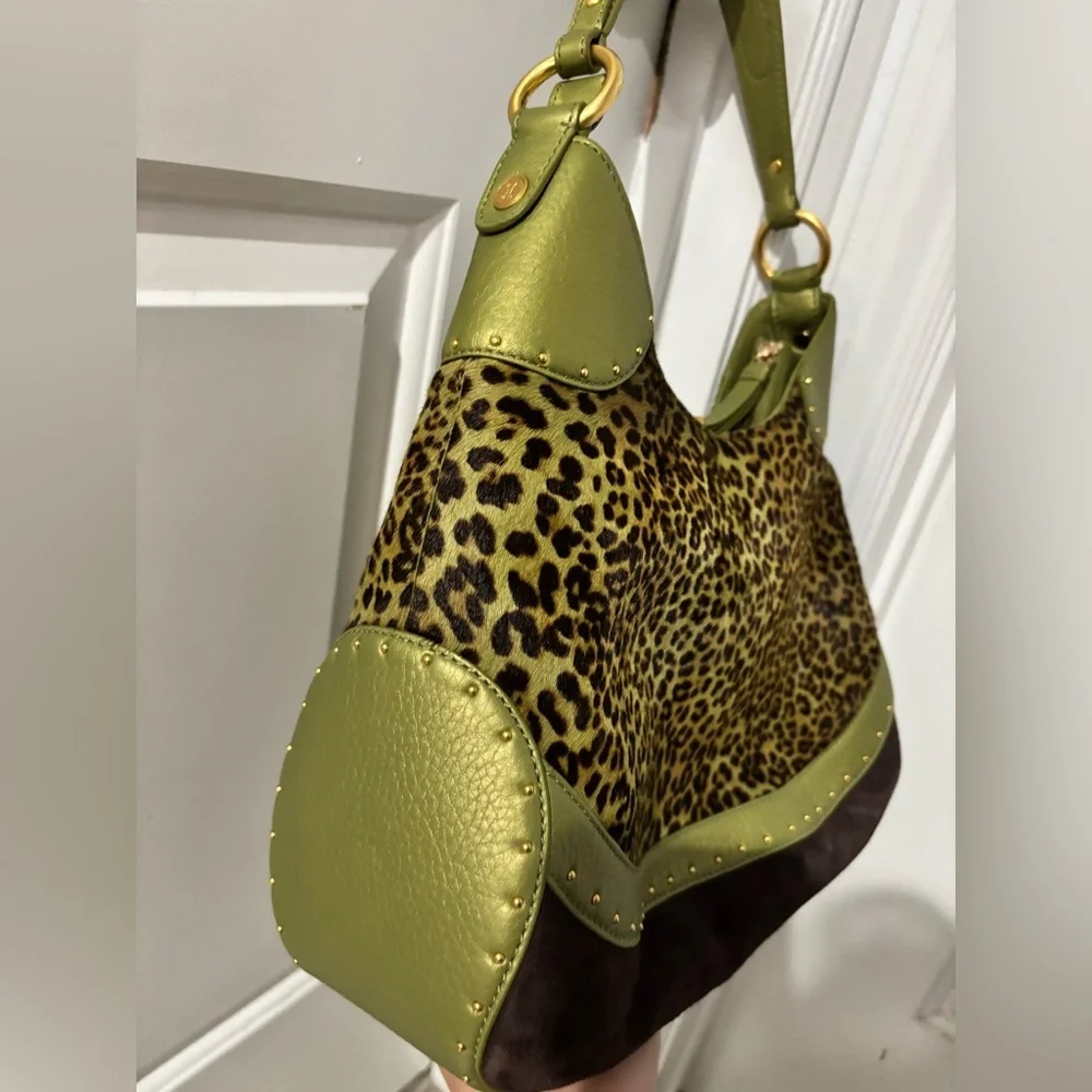 Cole Haan Stephanie Leopard Haircalf Hobo Bag Moss Green Leather NWT $395